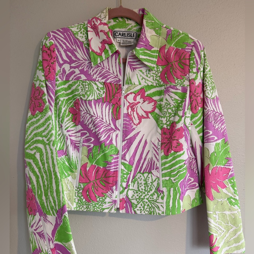 Carlisle Women's Spring Tropical Floral Blazer jacket - Pink, Green, and White